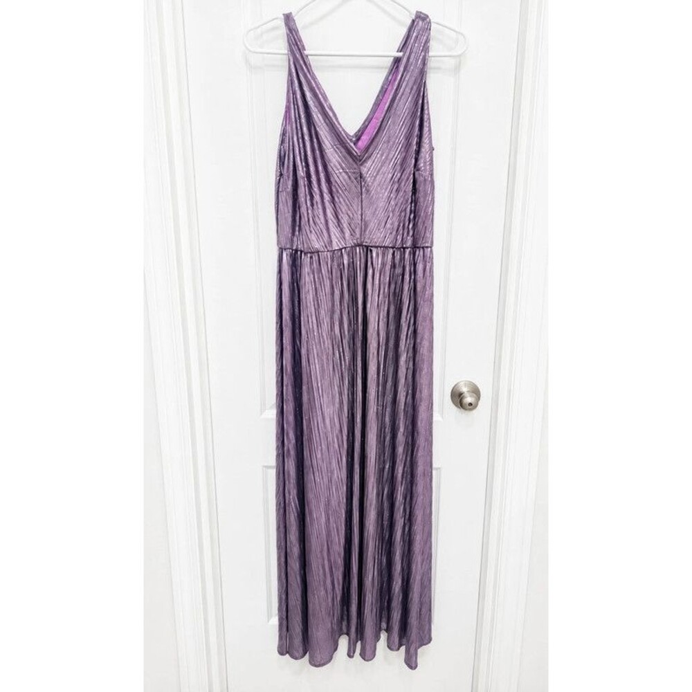 Addison Evenings Women’s Metallic Purple Pleated V-Neck Maxi Dress Size 8